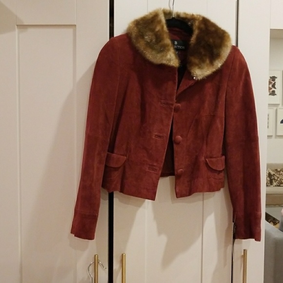 Vintage Brick Red Suede Faux Fur Collar Jacket Coat Burgundy Cropped New Unworn - Picture 2 of 8